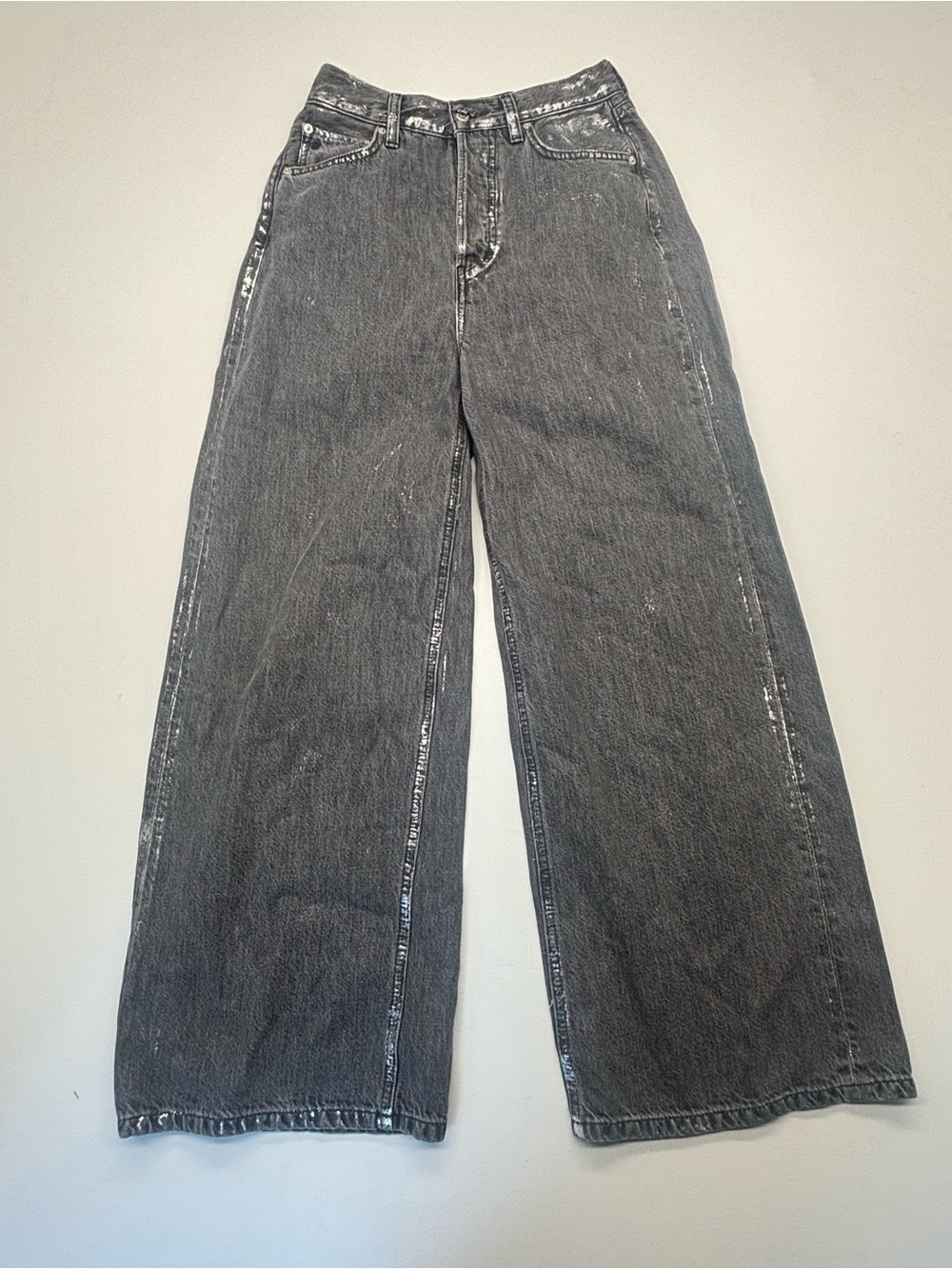 Etica Black Wide Leg Jeans Silver Paint Splatter Metallic Detail High Waist